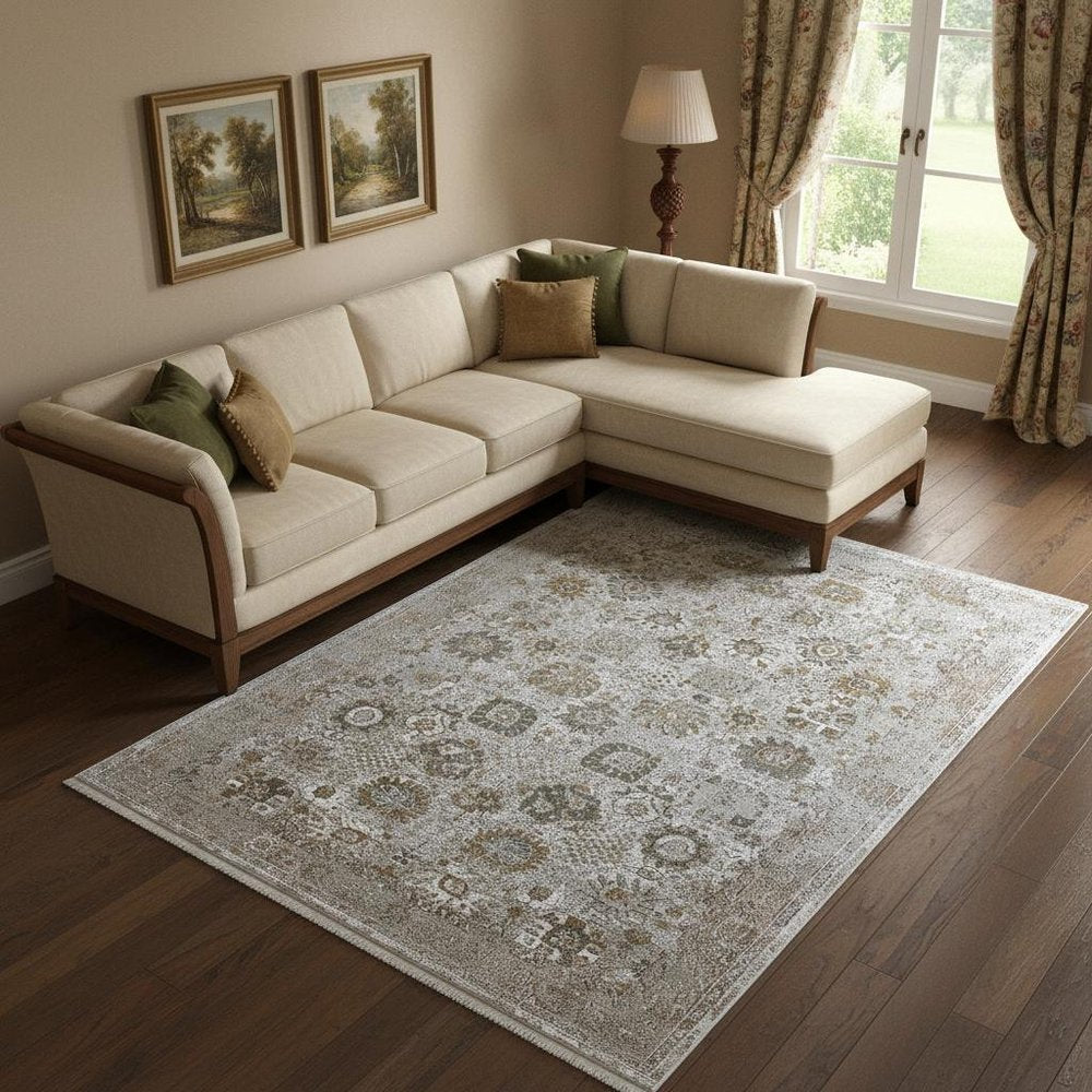 9' X 13' Ivory Gray And Gold Floral Area Rug With Fringe
