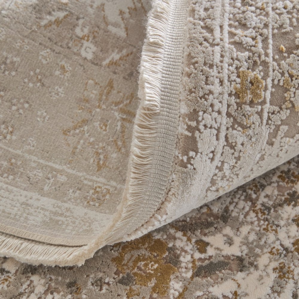 9' X 13' Ivory Gray And Gold Floral Area Rug With Fringe