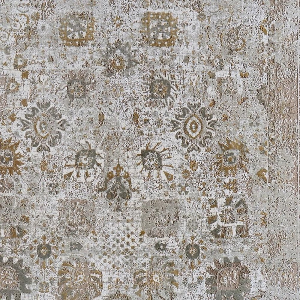 9' X 13' Ivory Gray And Gold Floral Area Rug With Fringe