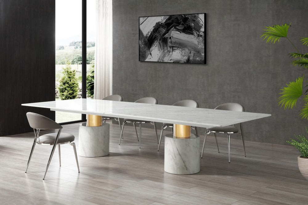 180" White and Gold Marble and Steel Double Pedestal Base Dining Table