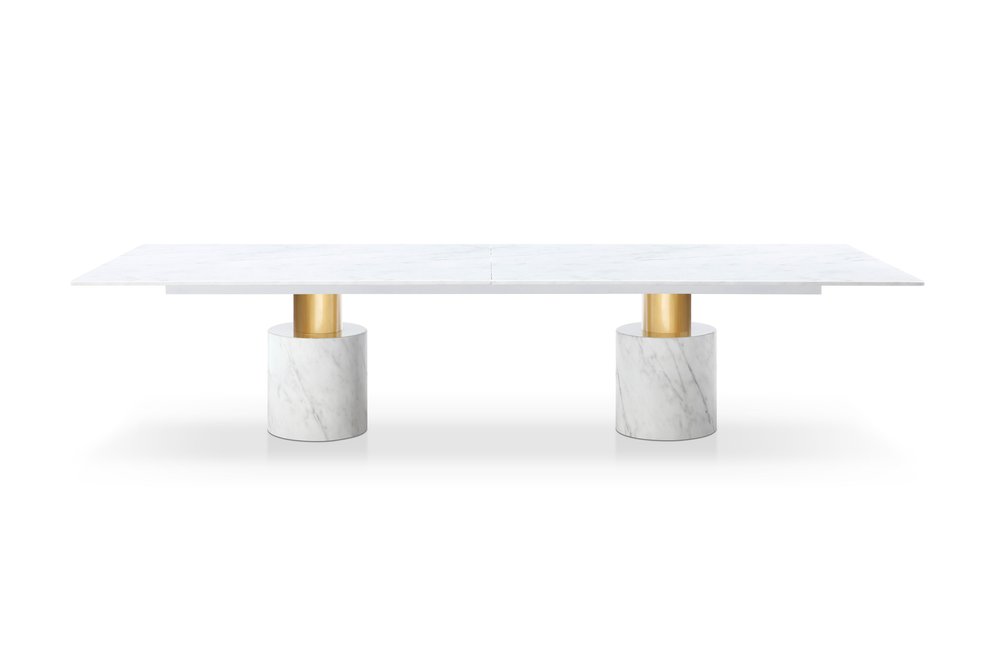 180" White and Gold Marble and Steel Double Pedestal Base Dining Table