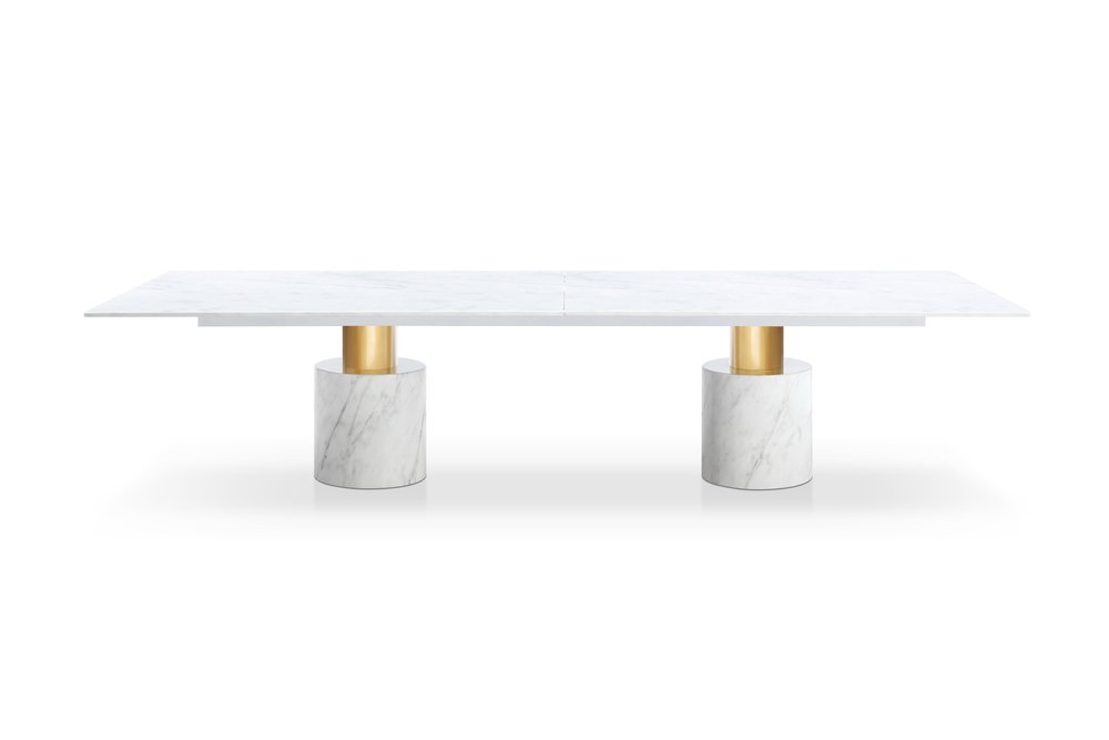 180" White and Gold Marble and Steel Double Pedestal Base Dining Table