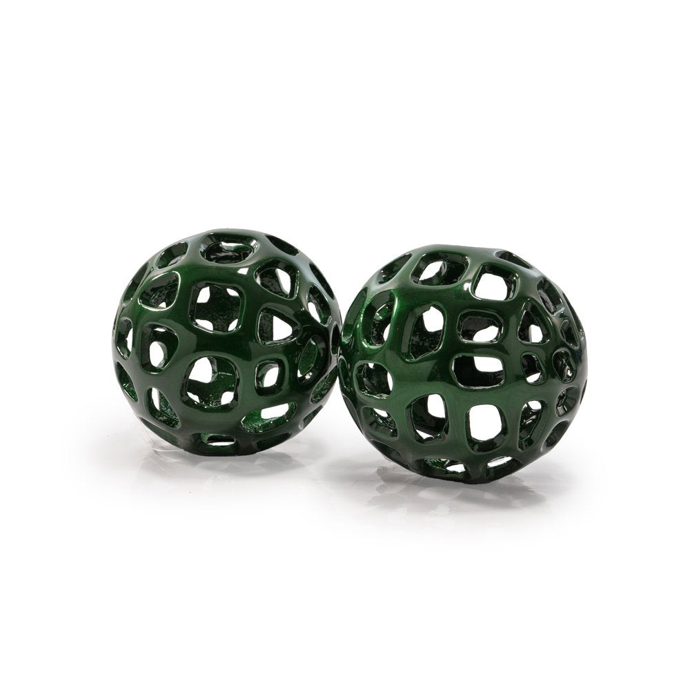 Set of Two Green Aluminum Hand Painted Decorative Orbs