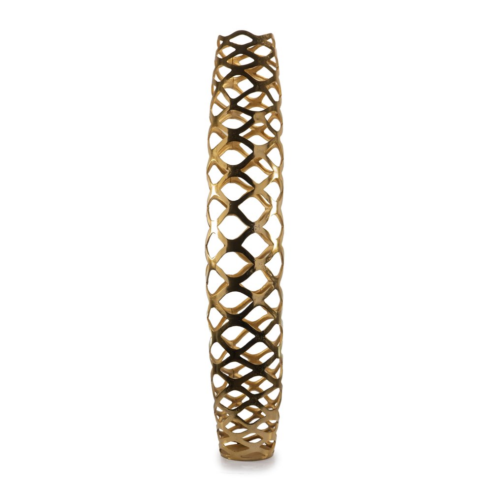 47" Gold Aluminum Pierced Geometric Cylinder Floor Vase