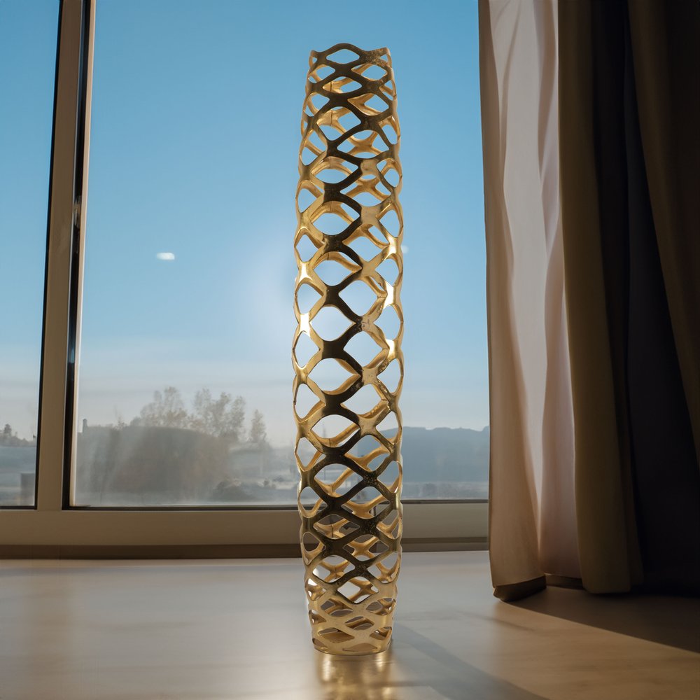 47" Gold Aluminum Pierced Geometric Cylinder Floor Vase
