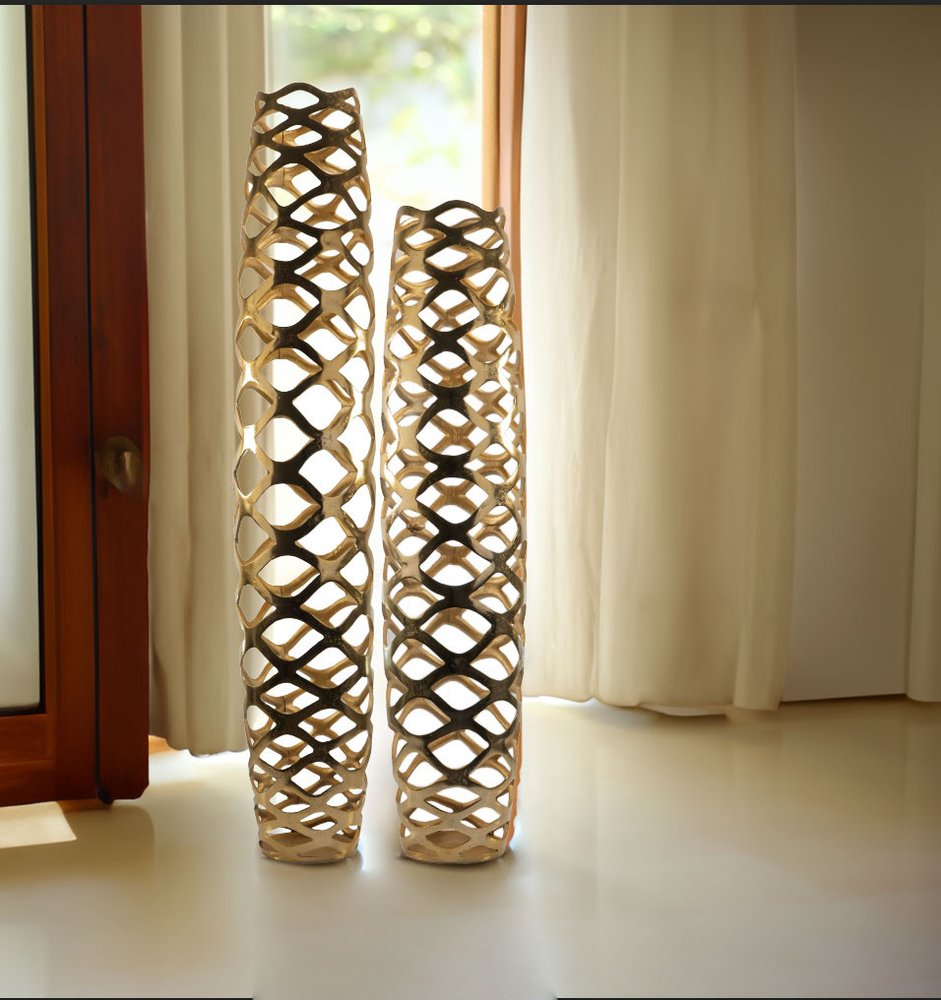 47" Gold Aluminum Pierced Geometric Cylinder Floor Vase