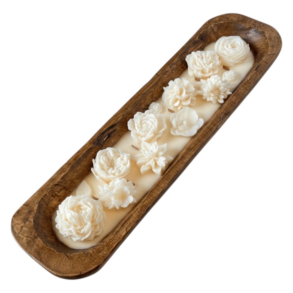 20" Ivory Unscented Six Wick Candle In Brown Distressed Wood Oval Dough Bowl