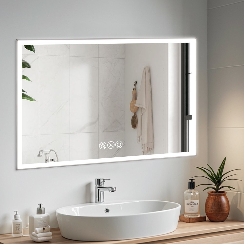 32" Silver Aluminum Lighted Framed Anti Fog Bathroom Vanity Mirror