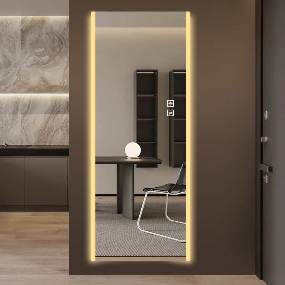 65" Silver Lighted Wall Mounted And Leaning Frameless Full Length Hanging Mirror