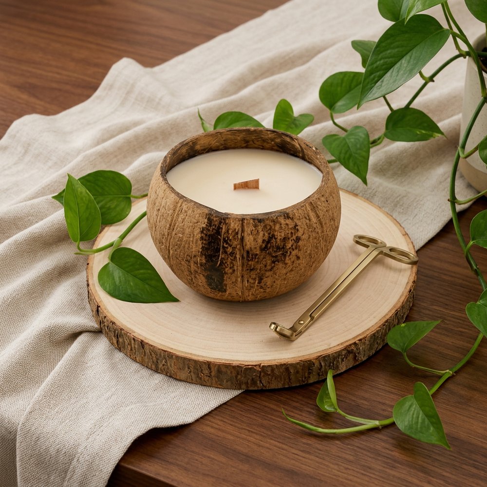 4" Ivory Coconut And Hibiscus Scented Candle In Brown Coconut Shell Holder