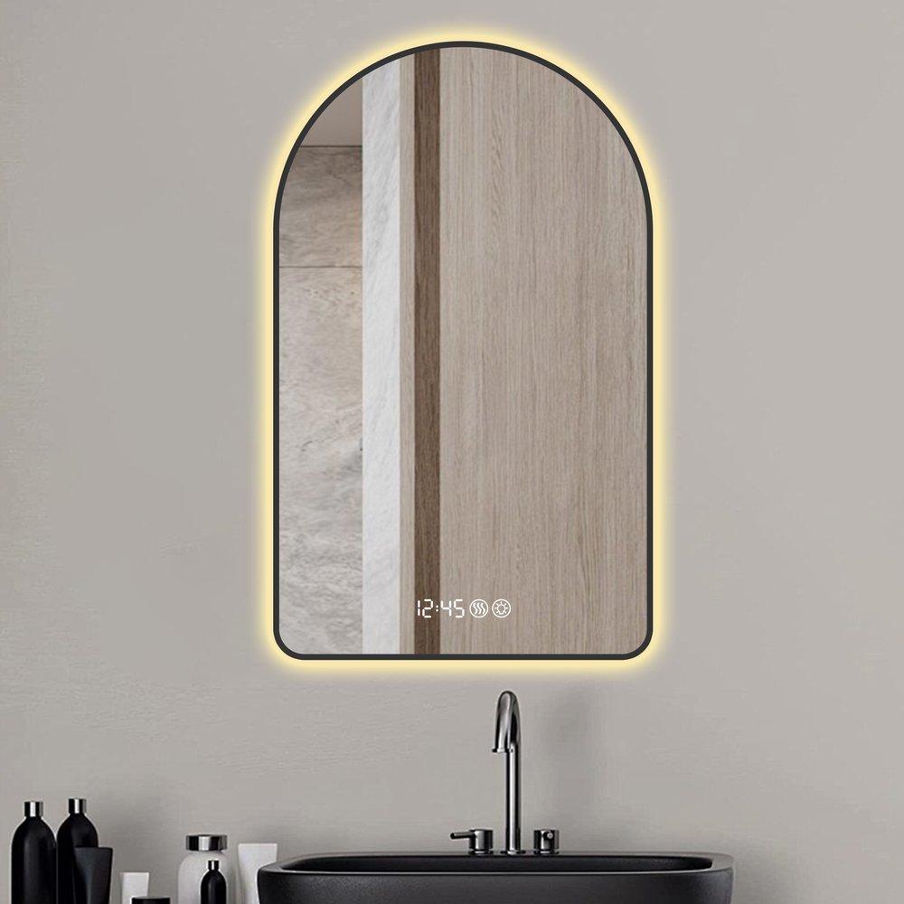 48" Black Aluminum Arch Lighted Framed Anti Fog Bathroom Vanity Mirror