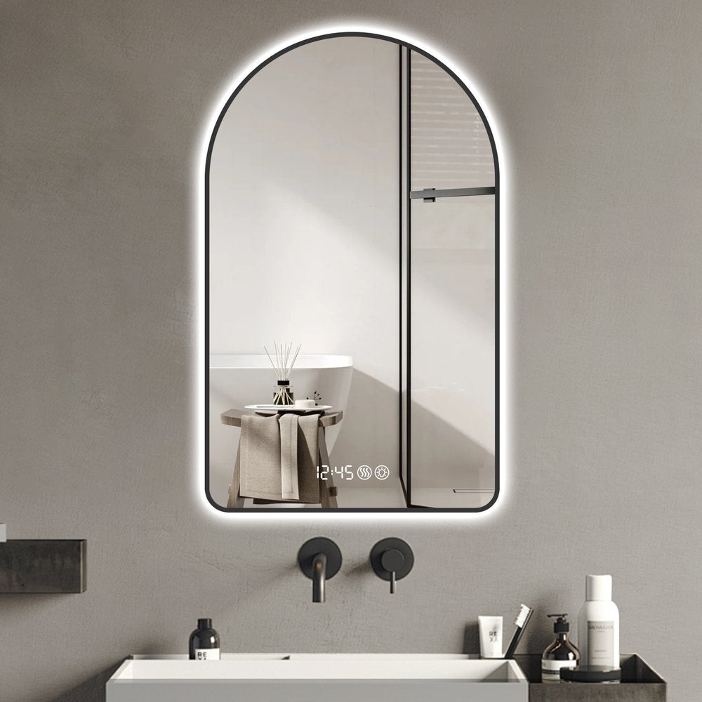 59" Black Aluminum Arch Lighted Framed Anti Fog Bathroom Vanity Mirror