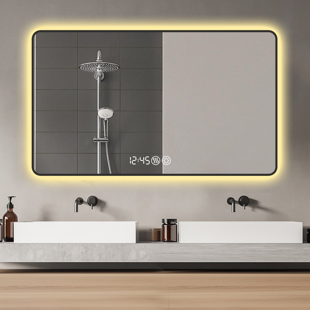 32" Black Aluminum Lighted Framed Anti Fog Bathroom Vanity Mirror
