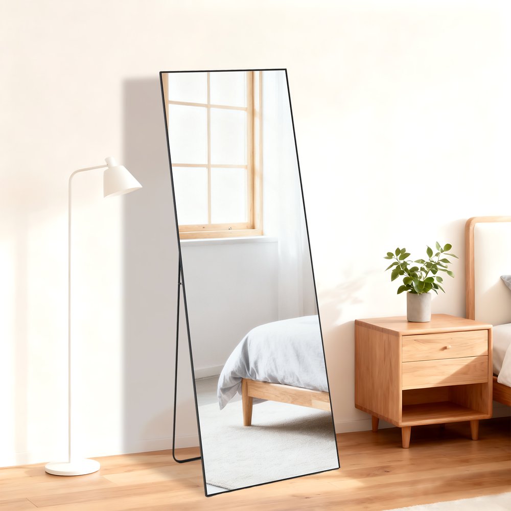 56" Black Aluminum Freestanding And Wall Mounted Framed Full Length Mirror