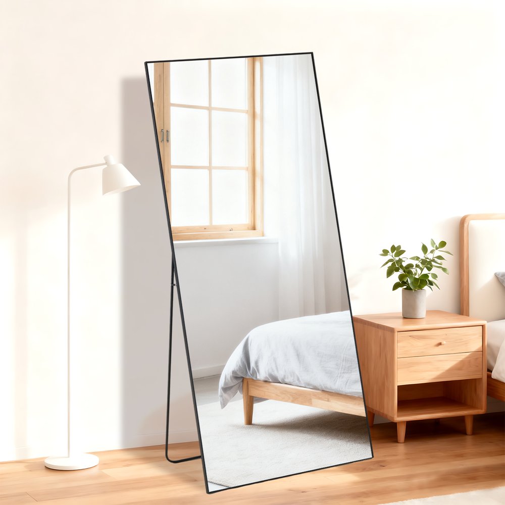 67" Black Aluminum Freestanding And Wall Mounted Framed Full Length Mirror