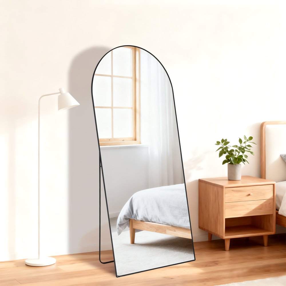 57" Black Aluminum Arch Freestanding And Wall Mounted Framed Full Length Mirror