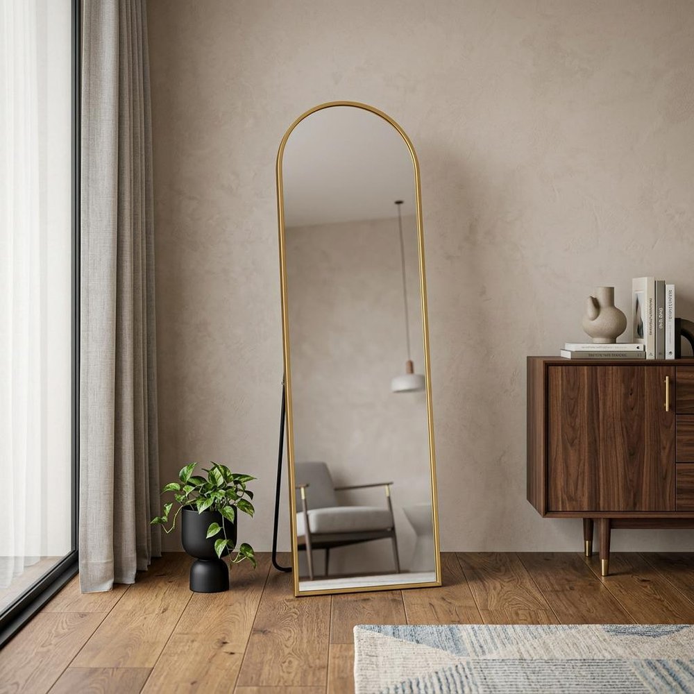 64" Gold Aluminum Arch Freestanding And Wall Mounted Framed Full Length Mirror