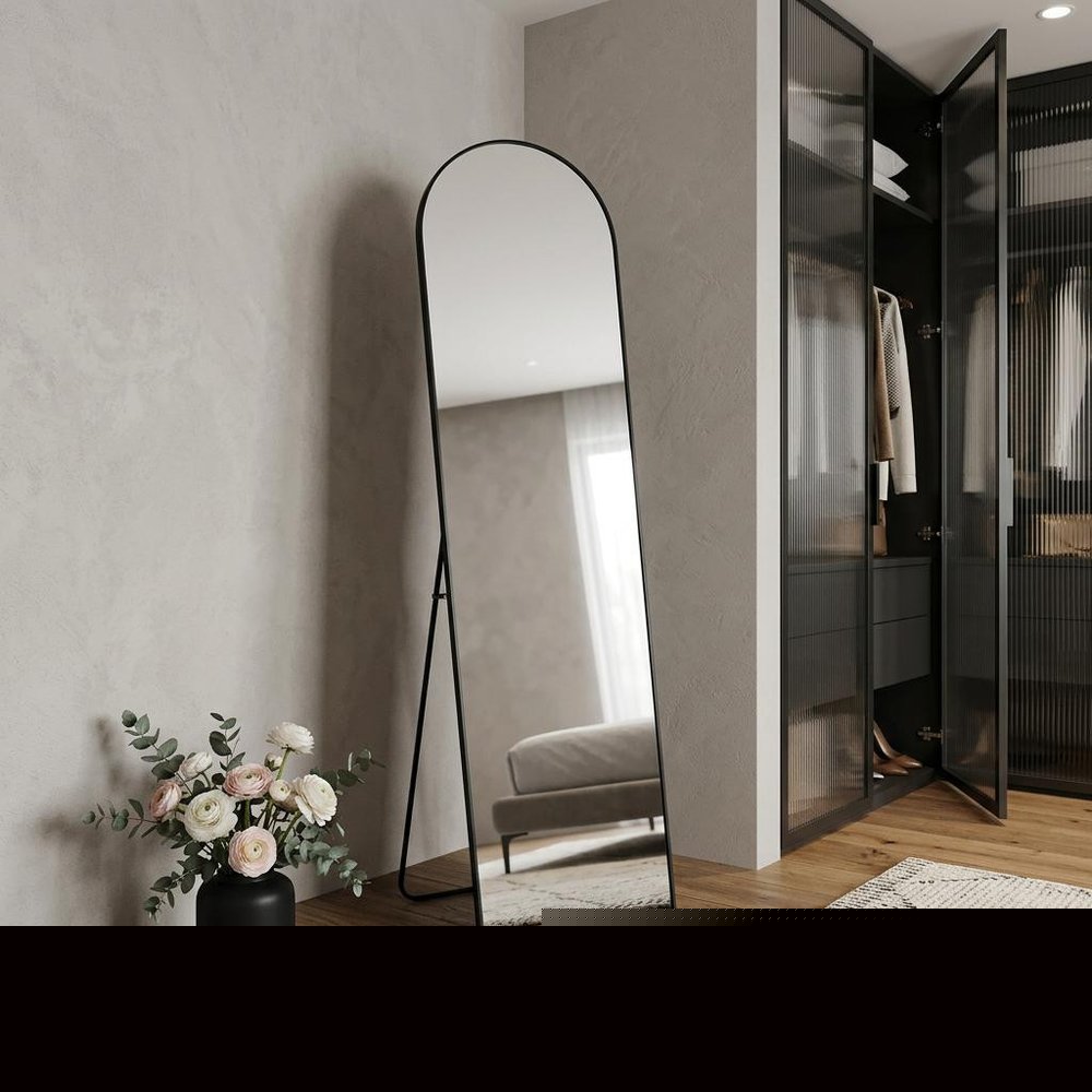 66" Black Aluminum Arch Freestanding And Wall Mounted Framed Full Length Mirror