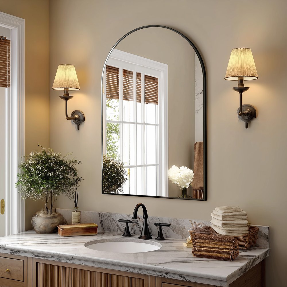 35" Black Aluminum Arch Framed Anti Fog Accent Mirror