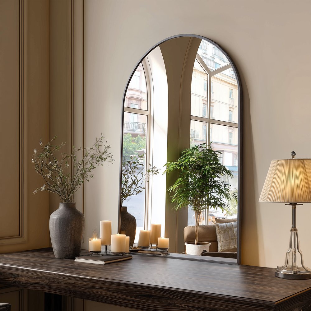 35" Black Aluminum Arch Framed Anti Fog Accent Mirror