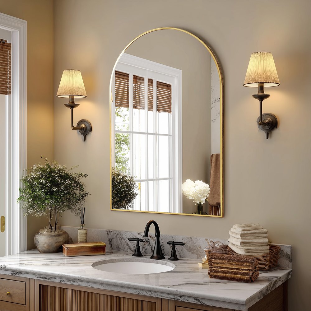 35" Gold Aluminum Arch Framed Anti Fog Accent Mirror