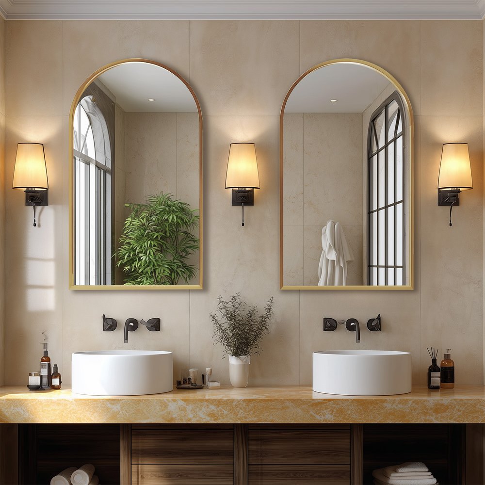 35" Gold Aluminum Arch Framed Anti Fog Accent Mirror