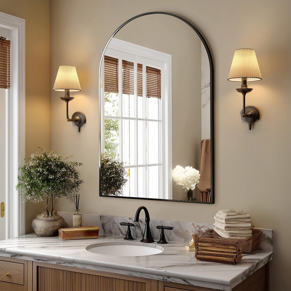 38" Black Aluminum Arch Framed Anti Fog Accent Mirror