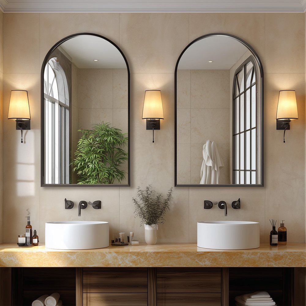 38" Black Aluminum Arch Framed Anti Fog Accent Mirror
