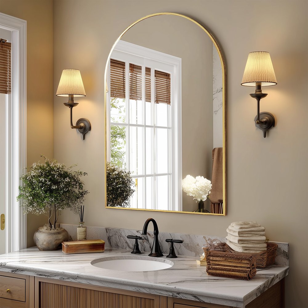 38" Gold Aluminum Arch Framed Anti Fog Accent Mirror