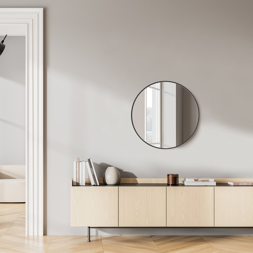 20" Black Aluminum Round Framed Accent Mirror