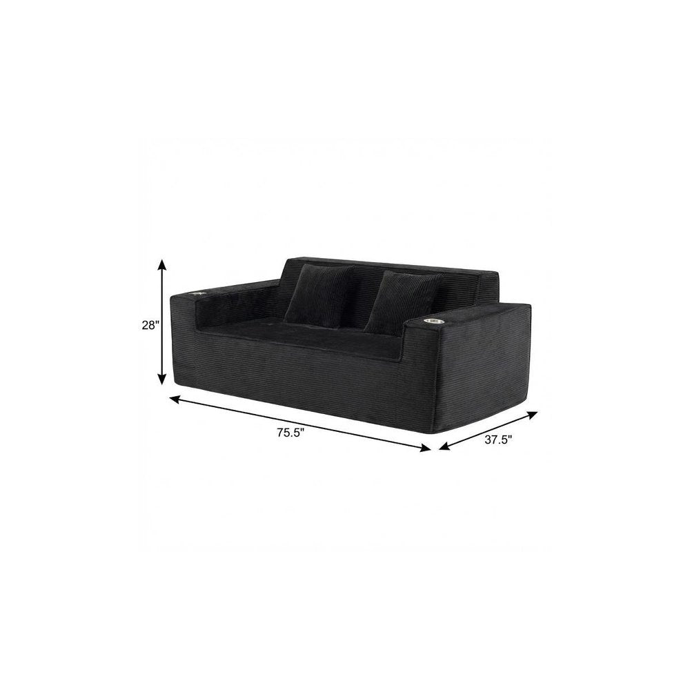 76" Black Corduroy Sofa With Toss Pillows