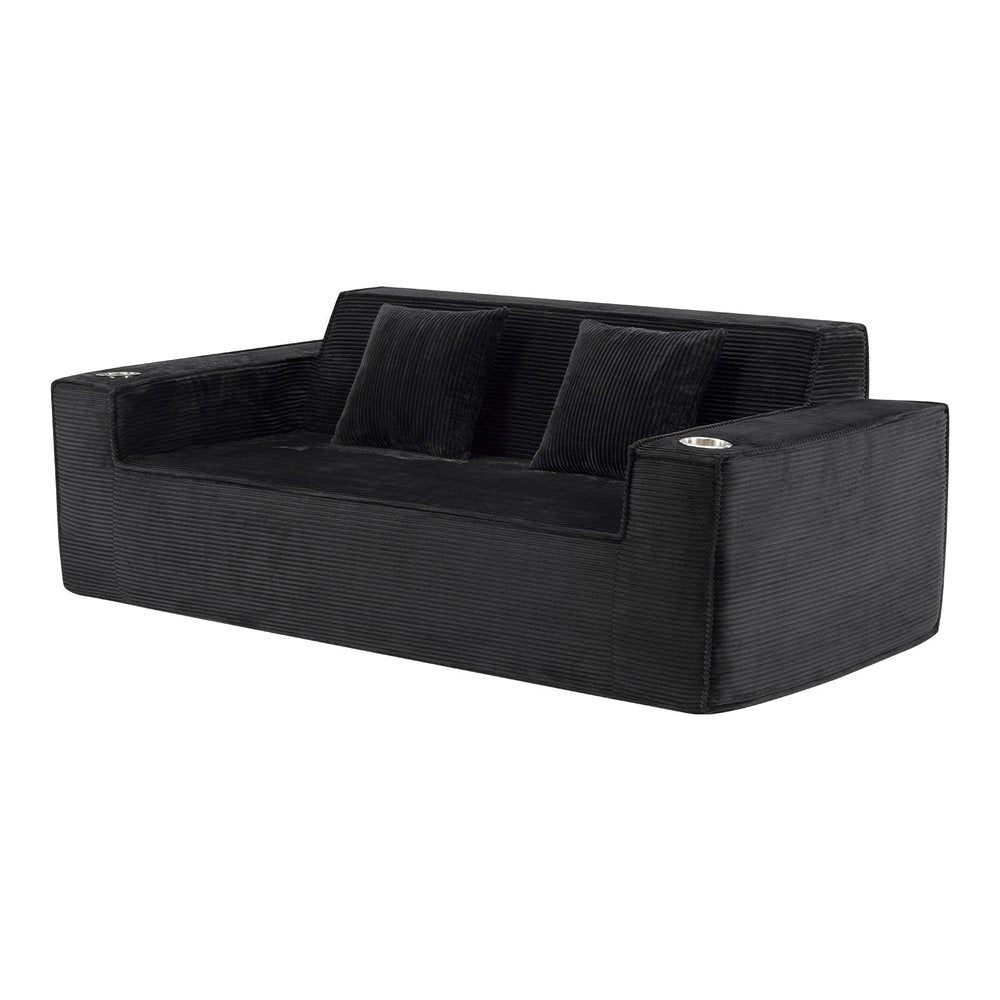 76" Black Corduroy Sofa With Toss Pillows