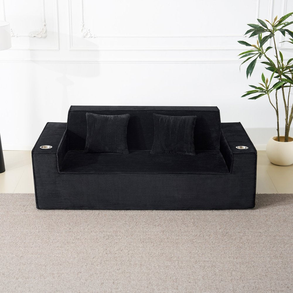 76" Black Corduroy Sofa With Toss Pillows