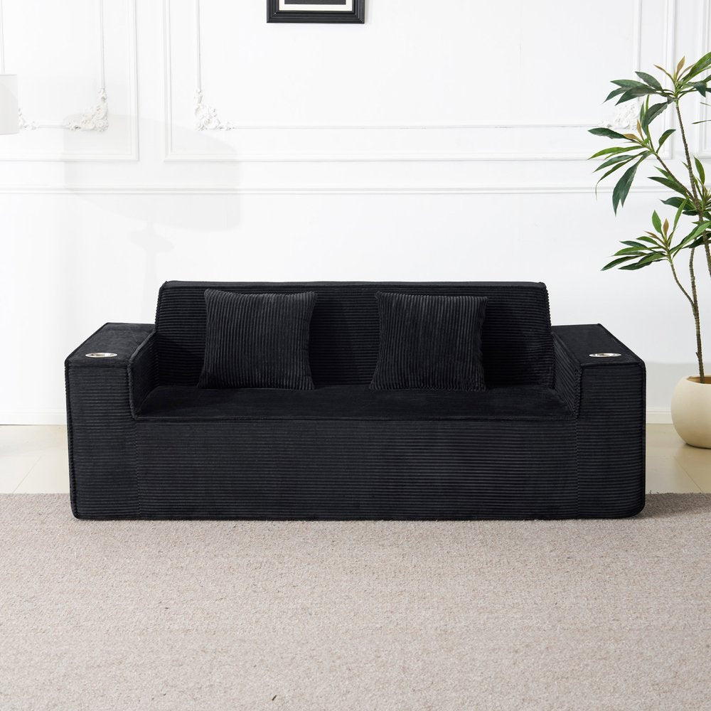 76" Black Corduroy Sofa With Toss Pillows