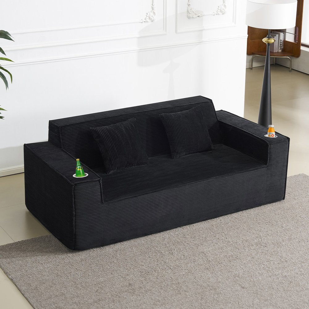 76" Black Corduroy Sofa With Toss Pillows