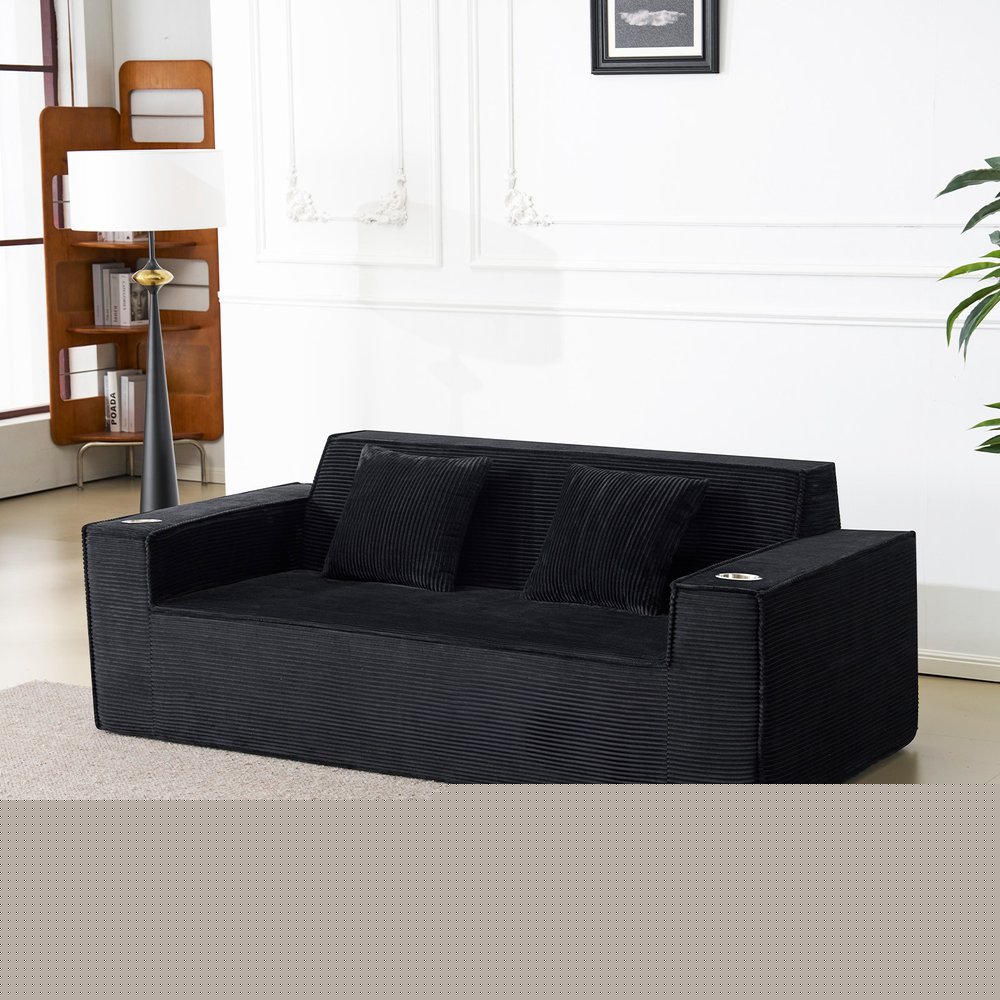 76" Black Corduroy Sofa With Toss Pillows
