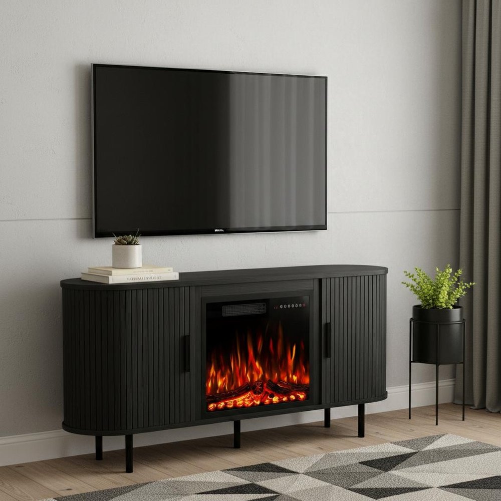 65" Black Wood Fireplace Entertainment Center With Fireplace