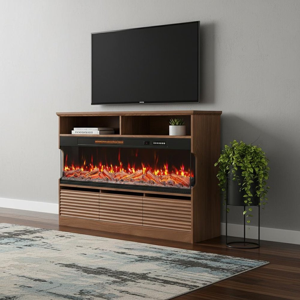 53" Brown Wood Fireplace Entertainment Center With Fireplace