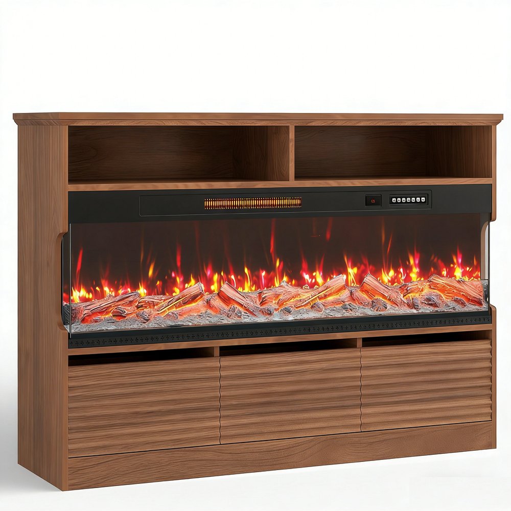 53" Brown Wood Fireplace Entertainment Center With Fireplace