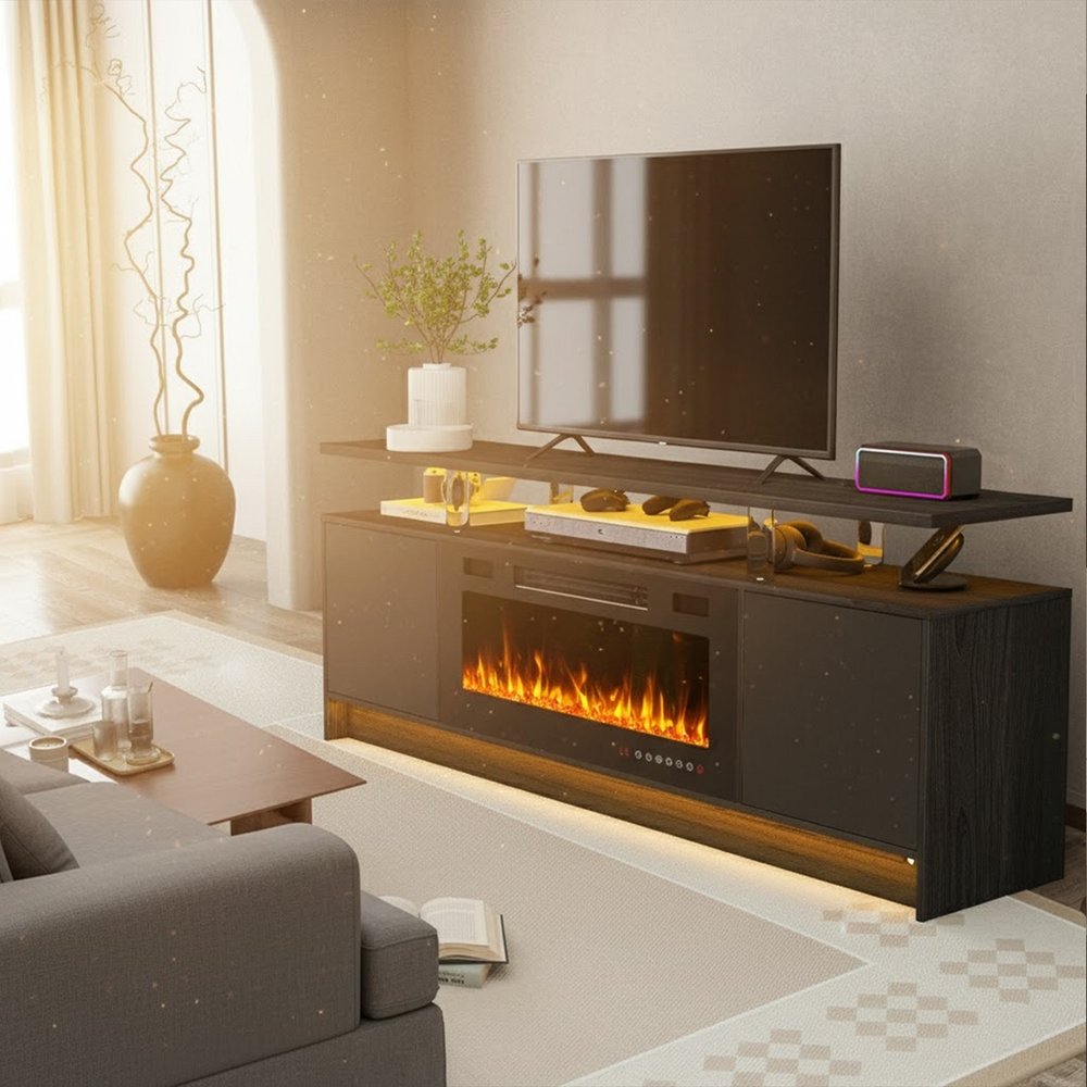 70" Black Wood Fireplace Entertainment Center With Fireplace