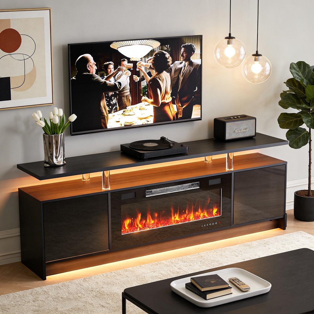 70" Black Wood Fireplace Entertainment Center With Fireplace