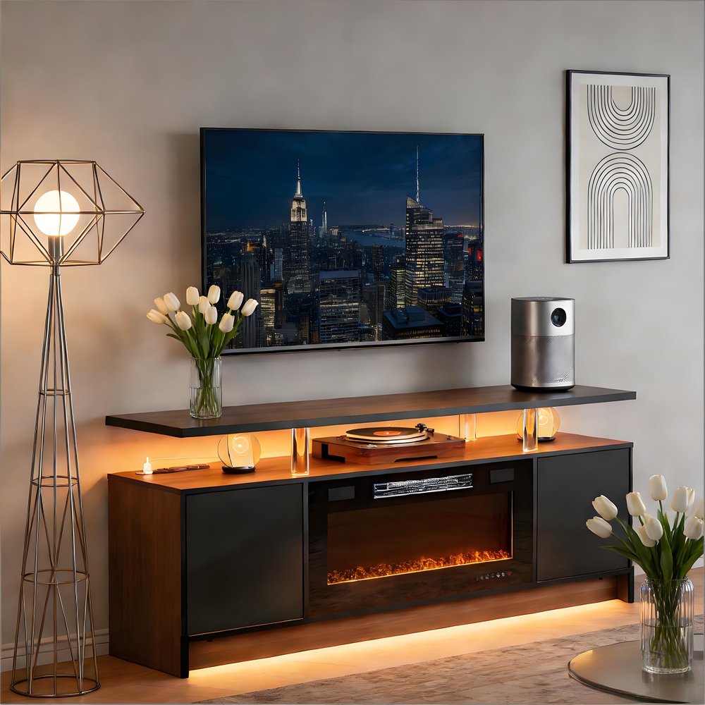 70" Black Wood Fireplace Entertainment Center With Fireplace