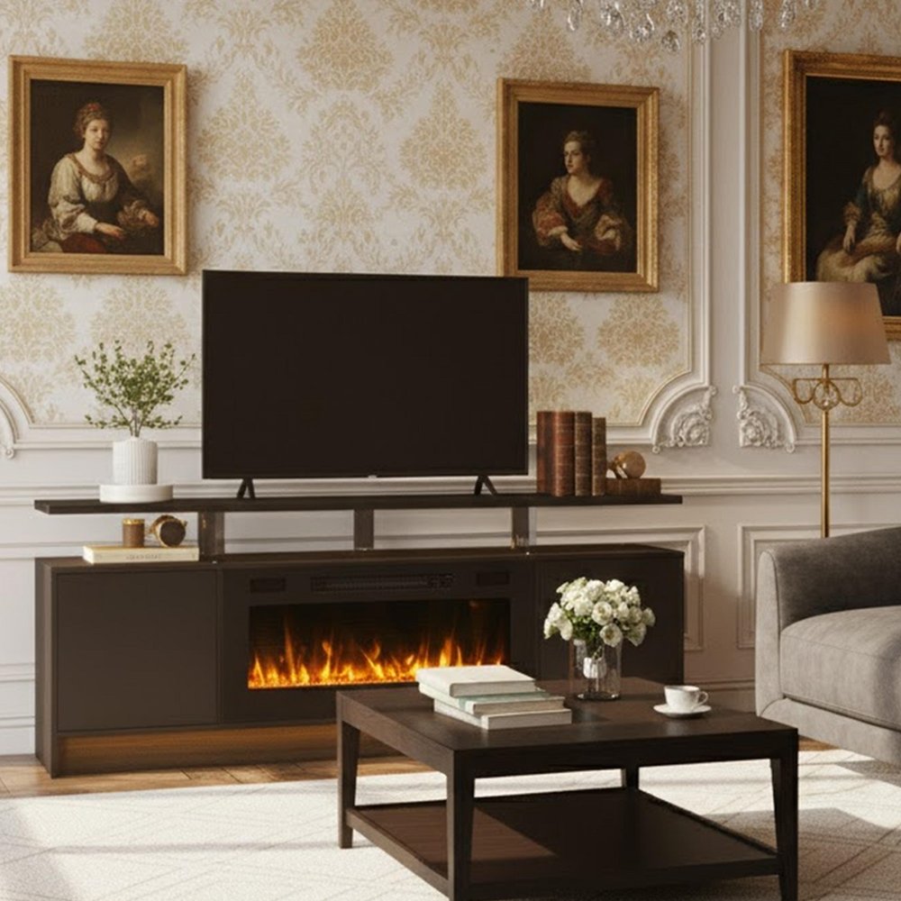 70" Black Wood Fireplace Entertainment Center With Fireplace