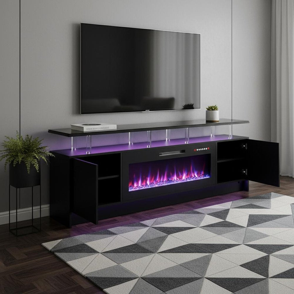 80" Black Wood Fireplace Entertainment Center With Fireplace