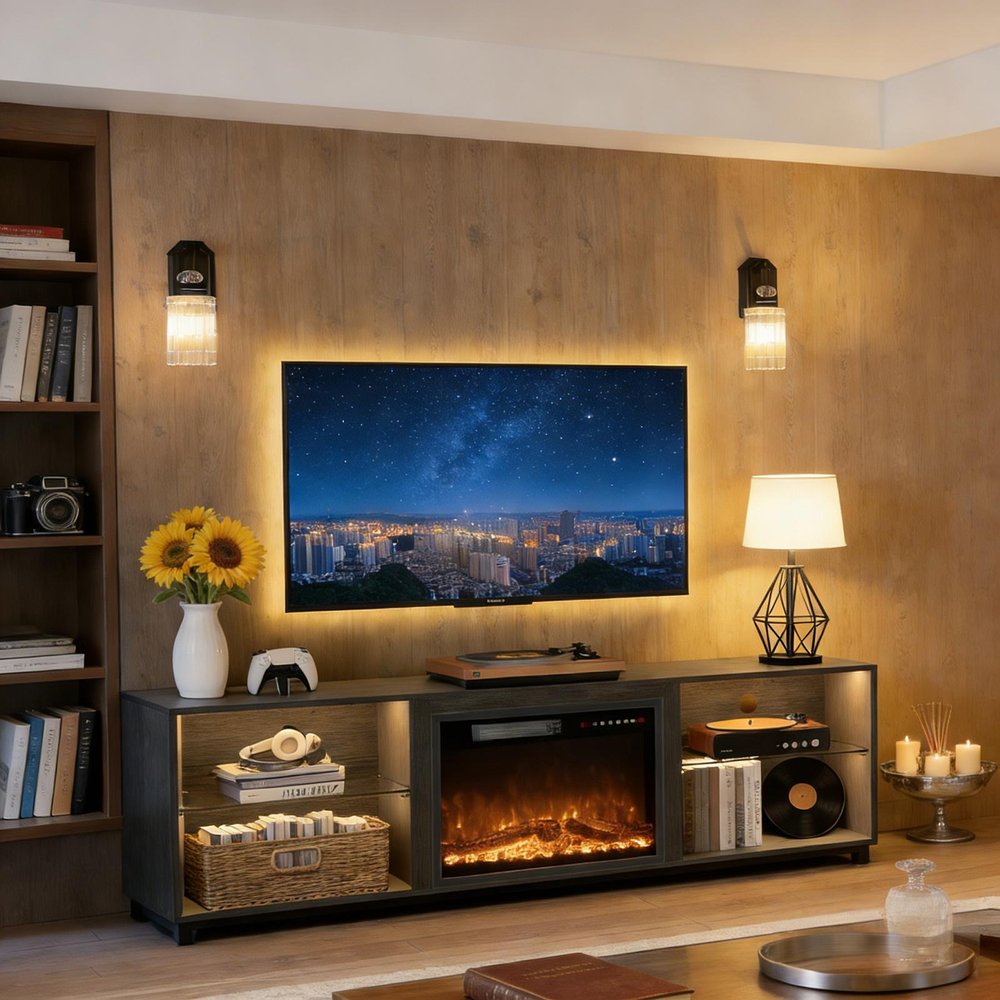 70" Black Wood Fireplace Entertainment Center With Fireplace