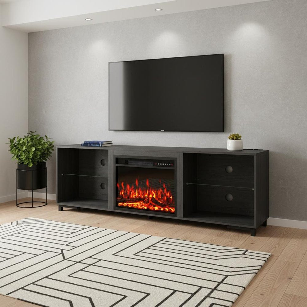 70" Black Wood Fireplace Entertainment Center With Fireplace