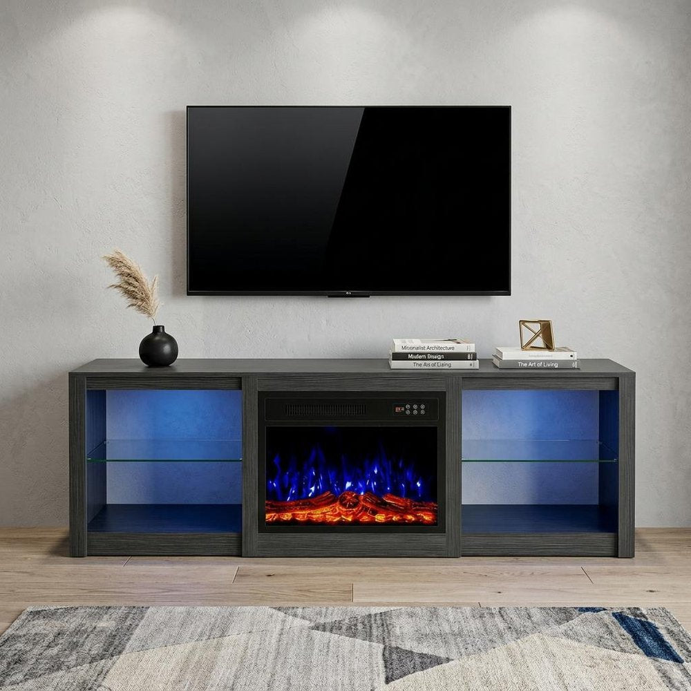 70" Black Wood Fireplace Entertainment Center With Fireplace