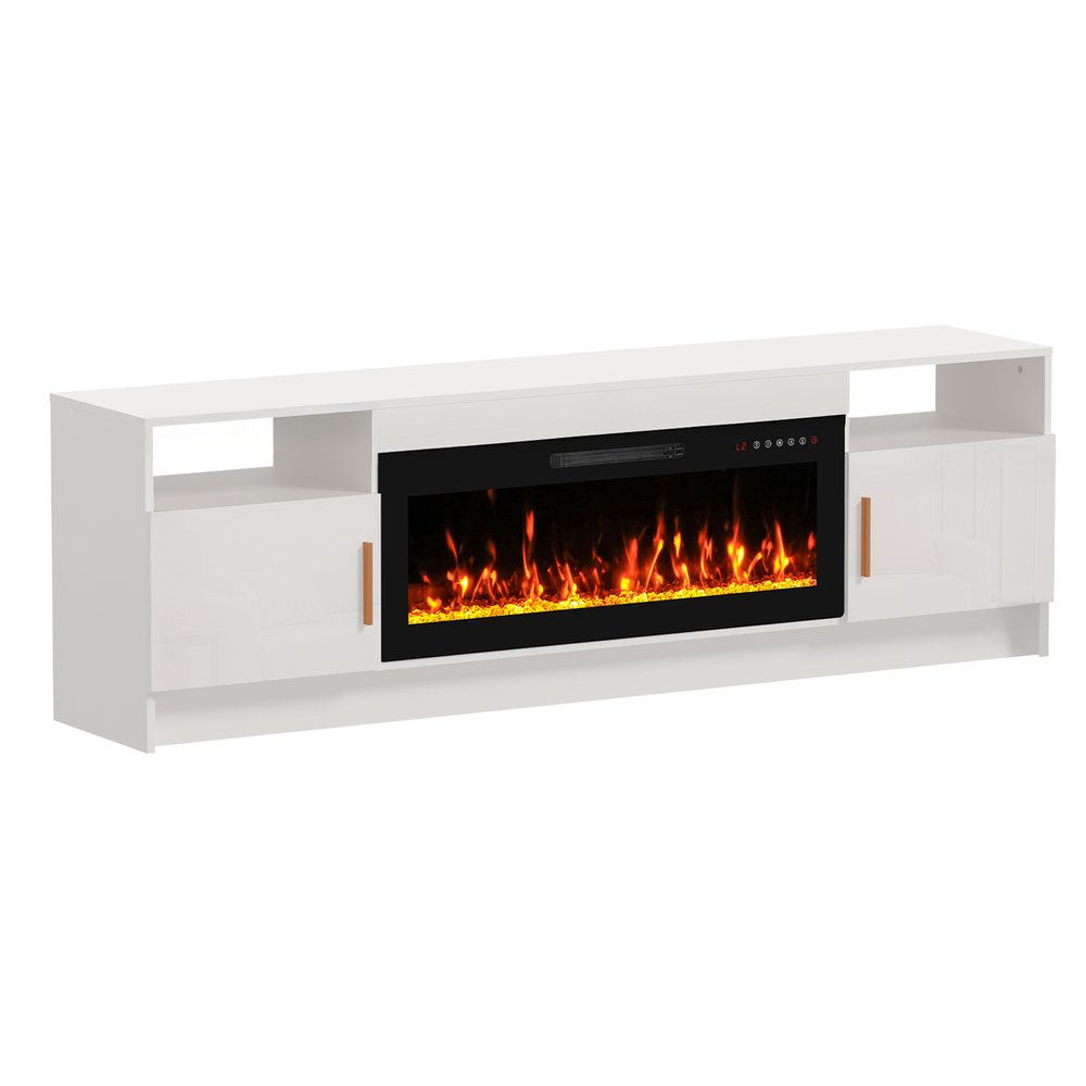 70" White Wood Fireplace Entertainment Center With Fireplace
