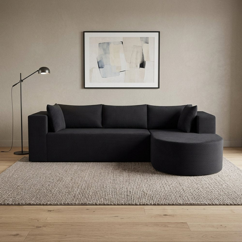 105" Black Corduroy Modular Right Rounded Chaise Style Sofa With Toss Pillows