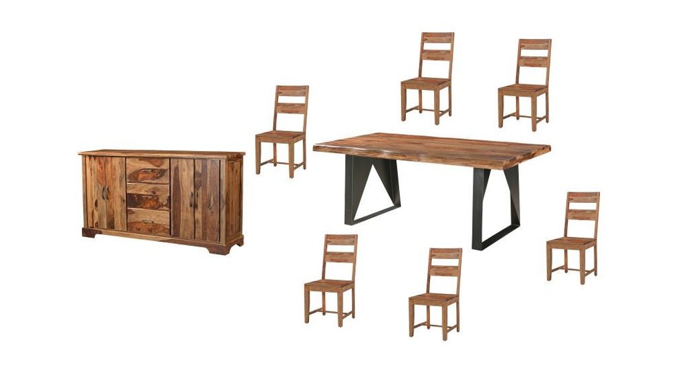 Eight Piece Natural and Black Solid Wood Dining Set with Six Chairs and Sideboard